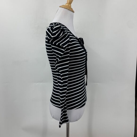 Porridge Top Womens XXS Black White Striped Puff Sleeve Keyhole Anthropologie - Picture 4 of 16